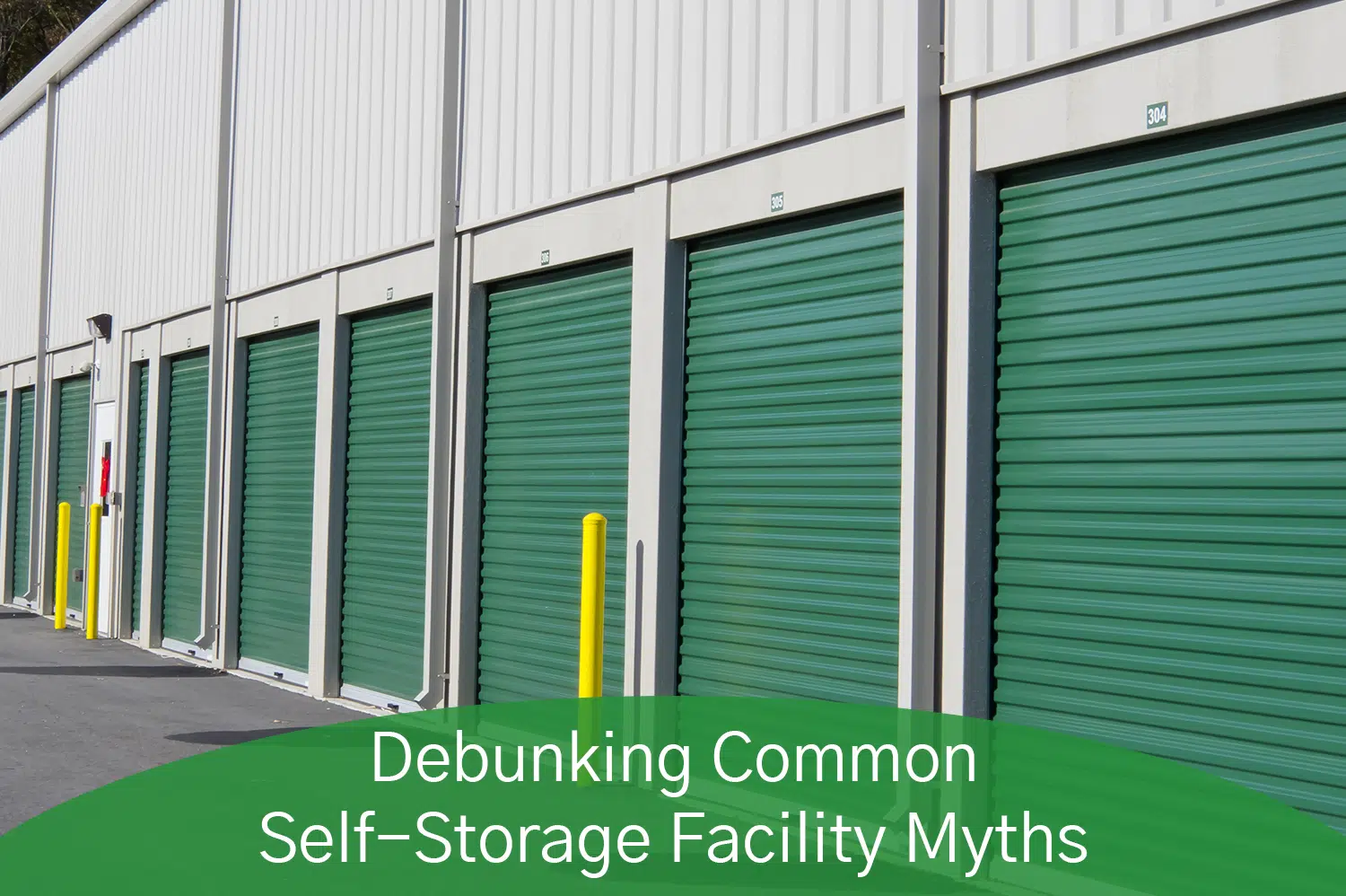 Self storage facility with green doors.