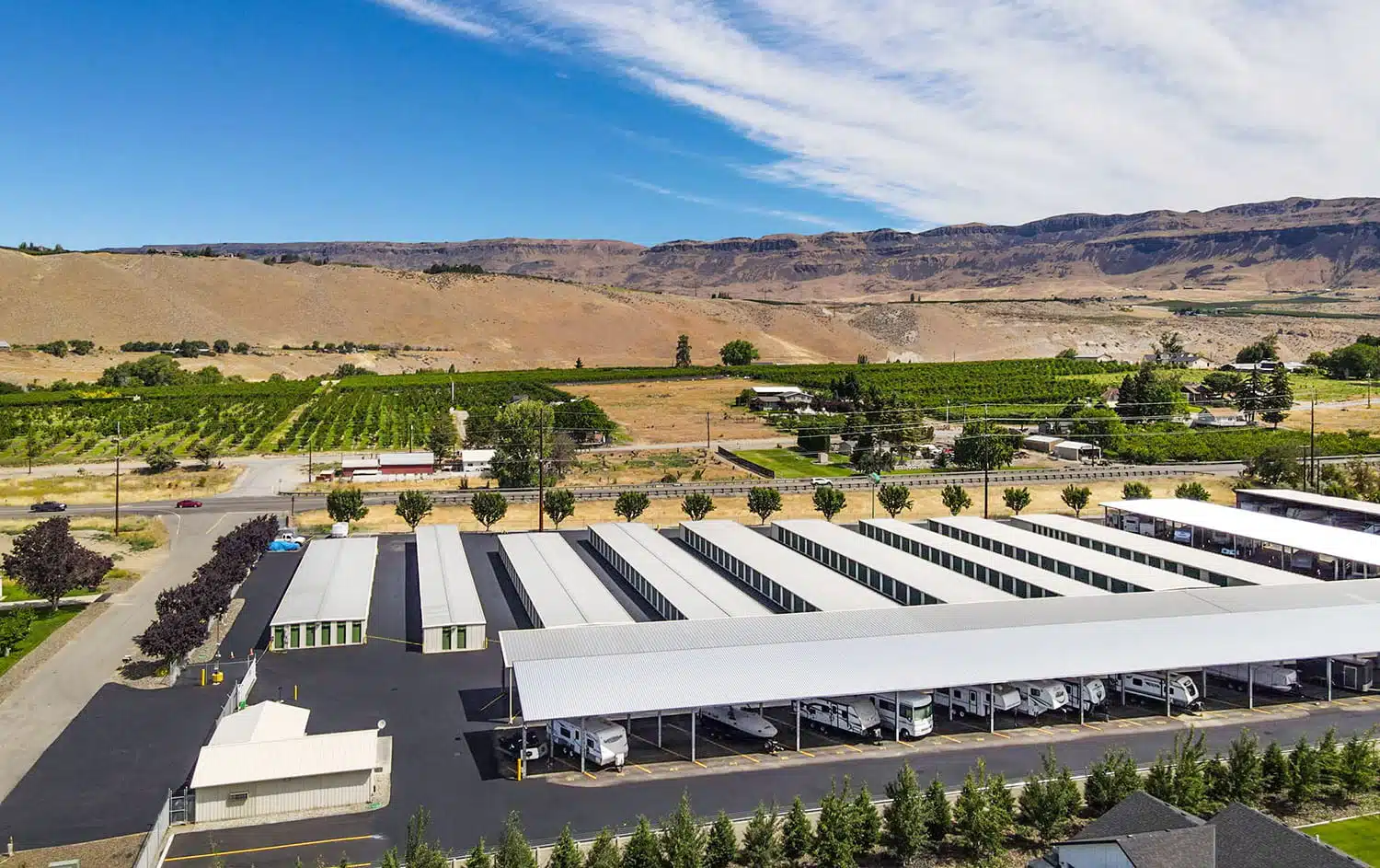 Aerial view of mini storage units and covered parking