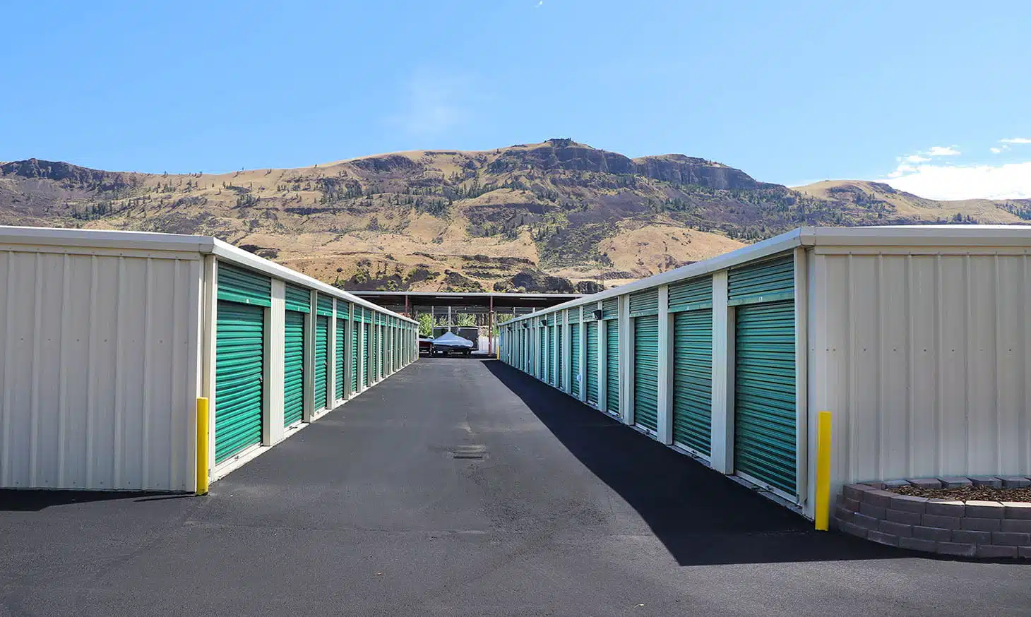 self storage units with mountain background